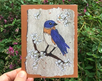 Eastern Bluebird Notecard, Upcycled Textile Art Print