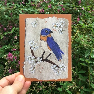 Eastern bluebird notecard. Blank folded print of original mixed media art. Card for birders, nature card, correspondence of any type. image 1