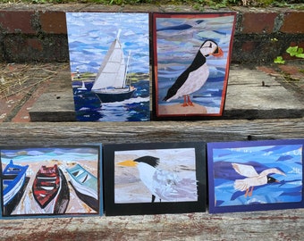 Nautical blank greeting cards. Rowboats, sailboats, and sea birds, set of five folded prints of magazine collages, water and ocean cards.