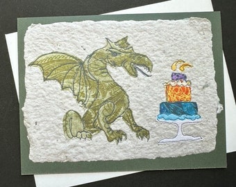 Dragon with cake birthday card. Folded card printed from original mixed media art, Have a Fiery Good Birthday messsge. D and D player card.