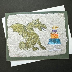 Dragon birthday cake card. Folded card printed from original mixed media art, Have a Fiery Good Birthday messsge. D and D birthday card.