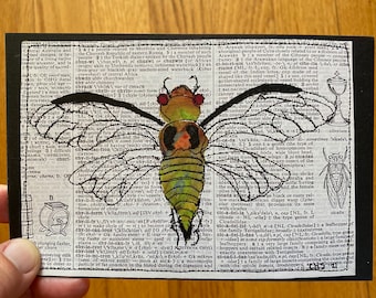 Cicada art postcard, 4x6 print of original mixed media art, vintage look on back. Brood X, bug lover’s card. Fun and creative!
