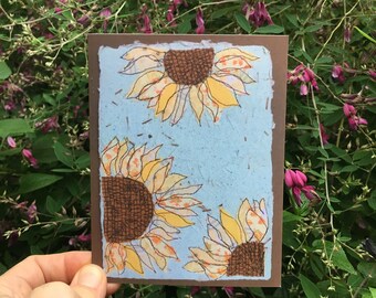 Sunflower notecard. Blank folded greeting card, print of original textile art. Yellow summer flower, card for gardener, any occasion card.