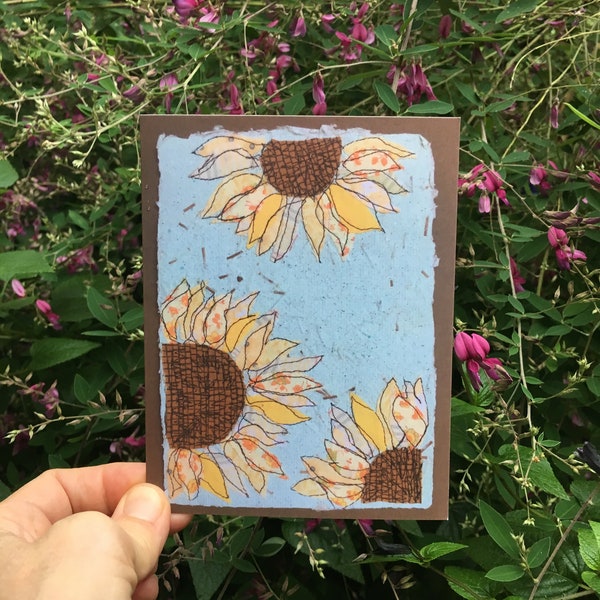 Sunflower notecard. Blank folded greeting card, print of original textile art. Yellow summer flower, card for gardener, any occasion card.