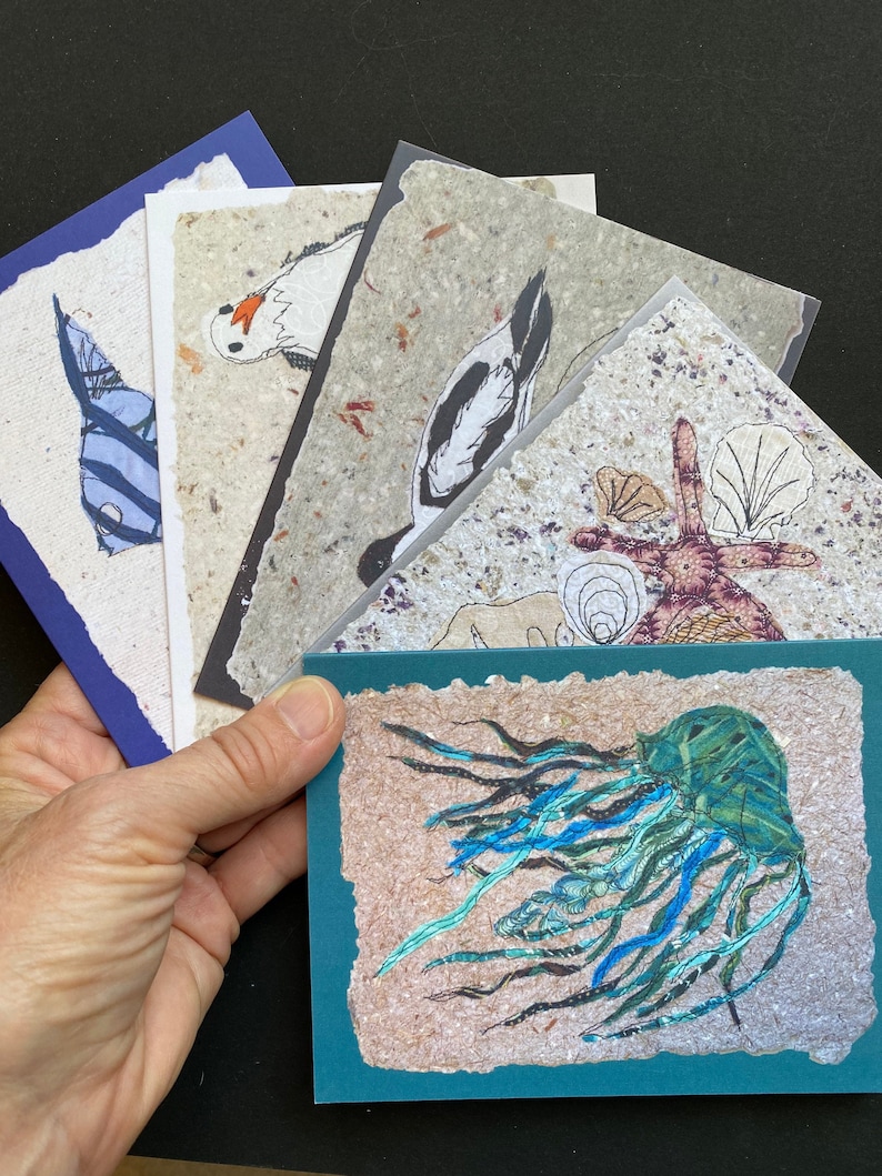 Beach notecards, pack of 5. Folded blank prints of original mixed media art. Tropical notecards, life at the shore, perfect for ocean lovers image 1