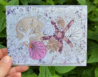 Seashells notecard, blank printed greeting card of original mixed media art. Greeting for beach walkers, ocean lovers. Coastal art.