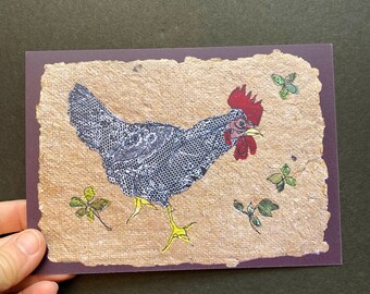 Rooster postcard. 5x7 print of original mixed media art. Cheerful, cocky and fun, perfect for chicken lovers. Mail it or frame it.
