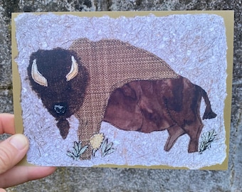 Buffalo 5x7 art print of original multi media fabric collage. Wild West card, native America art, animal art to mail or frame.