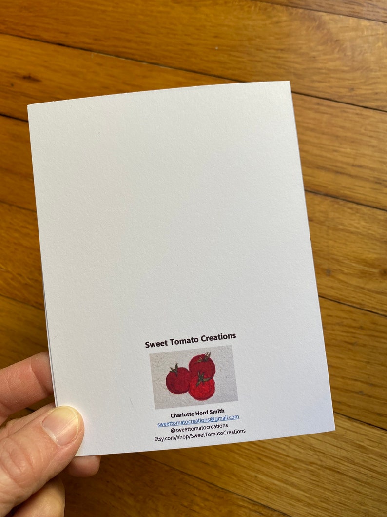 May include: A white card featuring the text "Sweet Tomato Creations" and a watercolour illustration of three red tomatoes. Contact details for Charlotte Hord Smith are also included.