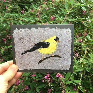 Carte pour correspondance avec le chardonneret jaune. Impression vierge pliée d'art original mixte. Carte pour ornithologue amateur, amoureux de la nature. Carte pour toutes les occasions.