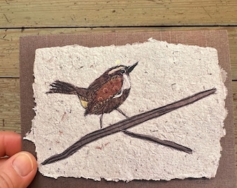 Carolina wren greeting, blank folded notecard print of original mixed media art. Card for birder, nature lover. All occasion greeting card.