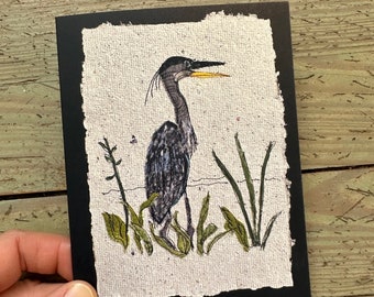 Great blue heron notecard, blank folded print of original mixed media artwork. Card for paddler, birders, nature lovers. All occasion card.