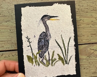 Great blue heron notecard, blank folded print of original mixed media artwork. Card for paddler, birders, nature lovers. All occasion card.