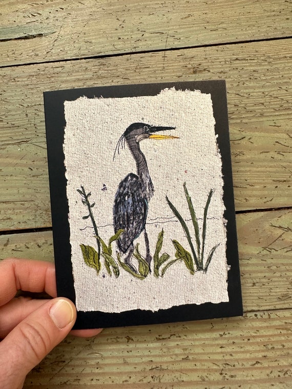 Great blue heron notecard, blank folded print of original mixed media artwork. Card for paddler, birders, nature lovers. All occasion card.