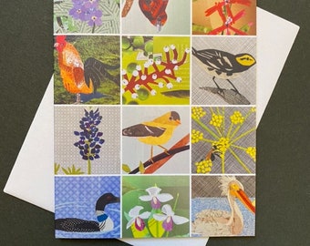 Colorful birds and flowers notecard. Folded blank print of original paper collage art. All occasion card for birders, nature lovers.