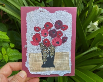 Poppies greeting card, blank folded print of original mixed media art, vase of flowers notecard, all occasion card for gardener.