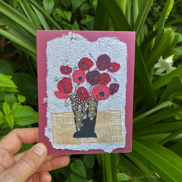 Poppies greeting card, blank folded print of original mixed media art, vase of flowers notecard, all occasion card for gardener.