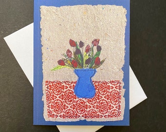 Red tulips notecard, blank folded print of original folk art. Gift card for gardener, all occasion greeting card, card for flower lovers.