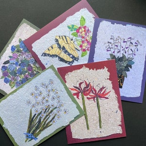 Cartes de correspondance fleurs uniques, lot de 5 impressions pliées vierges d'art original techniques mixtes. Cadeau pour professeur, cadeau pour hôtesse, parfait pour les jardiniers.