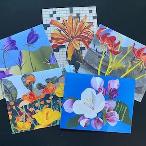 Biglietti d'auguri floreali unici, stampe bianche piegate di collage di carta originali. Set di 5 biglietti per tutte le occasioni, per giardinieri, insegnanti, regali per ospiti.