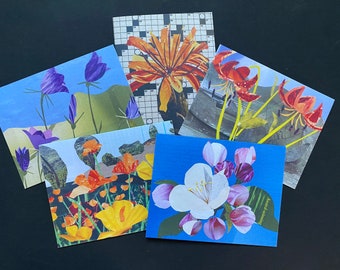 Unique flower notecards, blank folded prints of original paper collages. Set of 5 all occasion cards for gardeners, teachers, hostess gift.