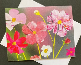 Cosmos flowers notecard, blank folded printed card from unique recycled paper collage art. Beautiful wildflower art card for any occasion.