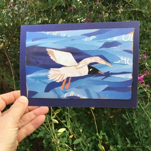 Cartão postal de pássaro marinho, impressão 5x7 de colagem de papel original. Cartão de pássaro da costa para observador de pássaros, amante do oceano. Cartão de correio de caracol exclusivo ou lindamente emoldurado.