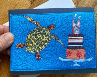 60th birthday card, funny sea turtle with cake card and message. Folded card printed from original mixed media art. Card for beach lovers.