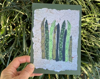 Asparagus postcard, 5x7 print of original mixed-media textile art. Vegetable or kitchen art, card for gardeners or farmers, spring greeting.