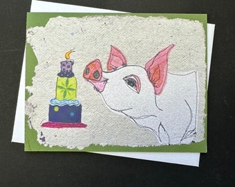 Pig birthday cake card. Folded blank card printed from original mixed media art. Funny animal bday card for child or fun-loving adult.