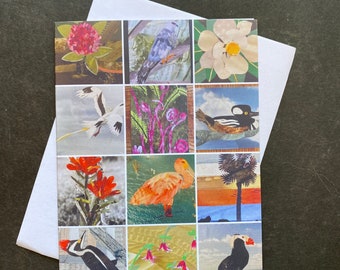 Flowers and birds notecard. Colorful folded blank print of original paper collage art. All occasion card for artists, birders, nature lovers