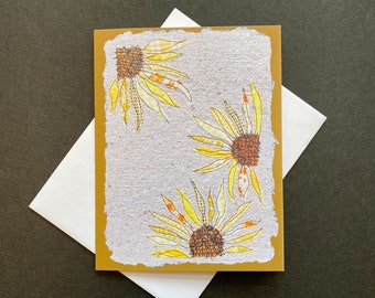 Yellow sunflowers notecard, blank folded greeting card, summer garden print. Art card for gardeners, seasonal art, all occasion card.