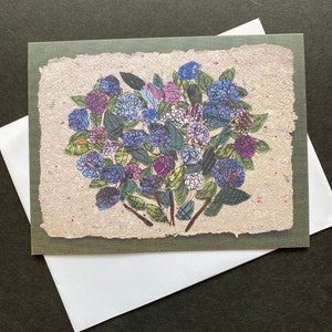 Notitiekaart hortensia, blanco gevouwen wenskaart, lente- en zomerbloemenprint. Kunstkaart voor tuinman, alle gelegenheidskaart.