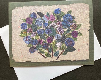 Hydrangea notecard, blank folded greeting card, spring and summer flower print. Art card for gardener, all occasion card.