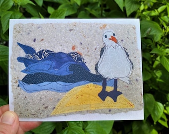 Seagull notecard. Folded blank card, print of whimsical original mixed media art. Sea bird card for beach lover, birder. All occasion card.