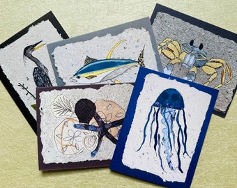 Summer beach stationery set of 5: Blank folded ocean prints.