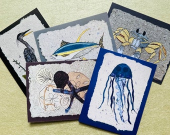 Beach theme notecards, blank folded prints of textile collage art. Set of 5 all occasion cards, gift for ocean lovers, seaside images.