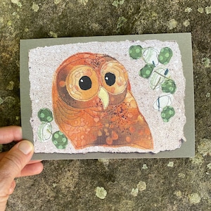 Barred owl postcard, 5x7 print of mixed media fabric collage. Card for birder, raptor lovers. Unique wildlife nature card, animal art card.
