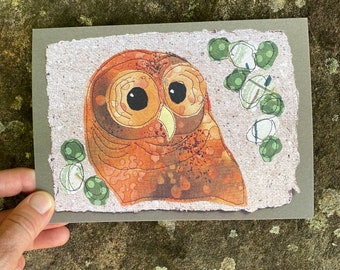 Barred owl postcard, 5x7 print of mixed media art. Card for birder, raptor lovers, unique nature card. Halloween card, October birthday card