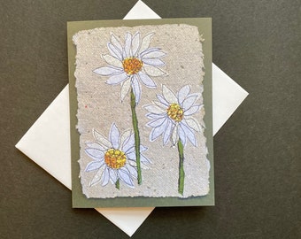Daisies notecard, blank folded greeting card, spring and summer flower print. Art card for gardener, all occasion card.