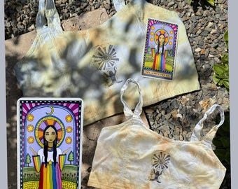 Orange and Light blue crop top tank, hand dyed hand stamped natural fibers, yogi and sun natural dyes, earthy tones, boho hippie clothing