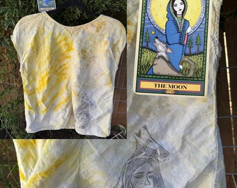 100% organic linen hand dyed tunic top with hand stamped image of wolf and woman, boho earthy natural dyes