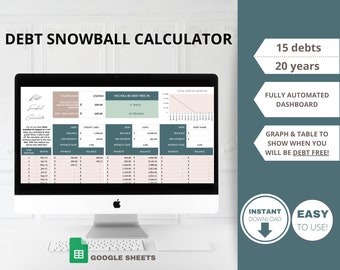 Könnte beinhalten: Ein Computerbildschirm zeigt eine Google Sheets-Tabelle mit einem Schneeball-Schuldenrechner. Die Tabelle enthält ein Diagramm und eine Tabelle, um zu zeigen, wann Sie schuldenfrei sind. Die Tabelle ist mit "Schneeball-Schuldenrechner" betitelt. Der Text "15 Schulden" und "20 Jahre" wird auf der rechten Seite des Bildes angezeigt. Der Text "Vollautomatisches Dashboard" wird unter dem Text "15 Schulden" und "20 Jahre" angezeigt. Der Text "Diagramm und Tabelle, um zu zeigen, wann Sie schuldenfrei sind!" wird unter dem Text "Vollautomatisches Dashboard" angezeigt. Der Text "Sofortiger Download" wird in einem Kreis mit einem nach unten zeigenden Pfeil angezeigt. Der Text "Einfach zu bedienen!" wird in einem Kreis angezeigt. Der Text "Google Sheets" wird am unteren Rand des Bildes angezeigt.