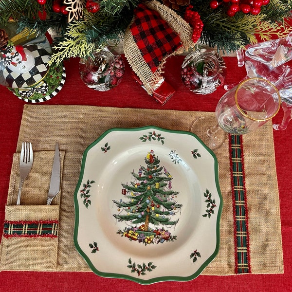 Burlap Christmas Placemats and Silverware Holders - Set of 4-6-8 or 12