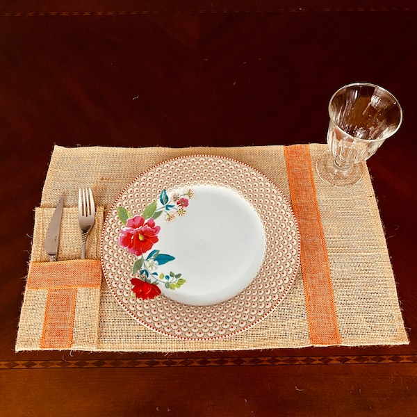 Burlap Placemats Placemat for Dining Table Tableware Bag Pocket 20x12 inch Placemat Silverware Holder Jute Placemats,