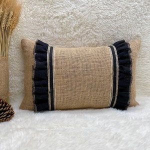 Burlap Pillow Black Ruffled 12 x 20 Burlap Pillow Cover Burlap Cushion Housewarming Gift Burlap Pillow w/ Black Ruffles Christmas Gift