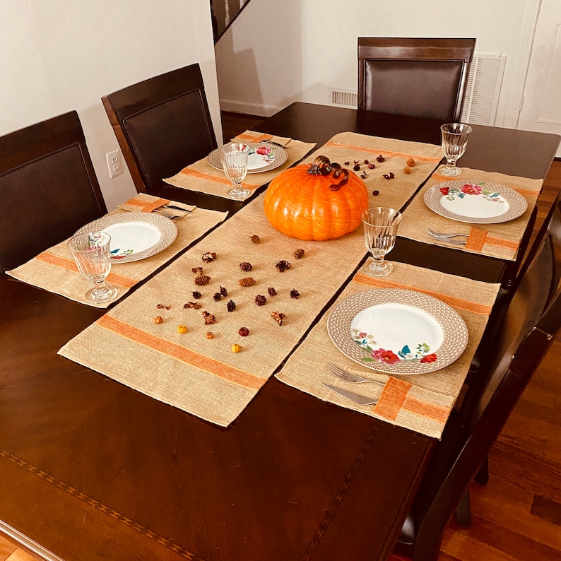 Burlap Table Runner and Placemats Set , 4 Table Mat, 4 Silverware