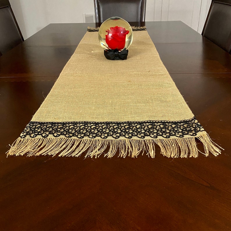 Burlap Table Runner With Lace and Fringe Rustic Chic Home Etsy
