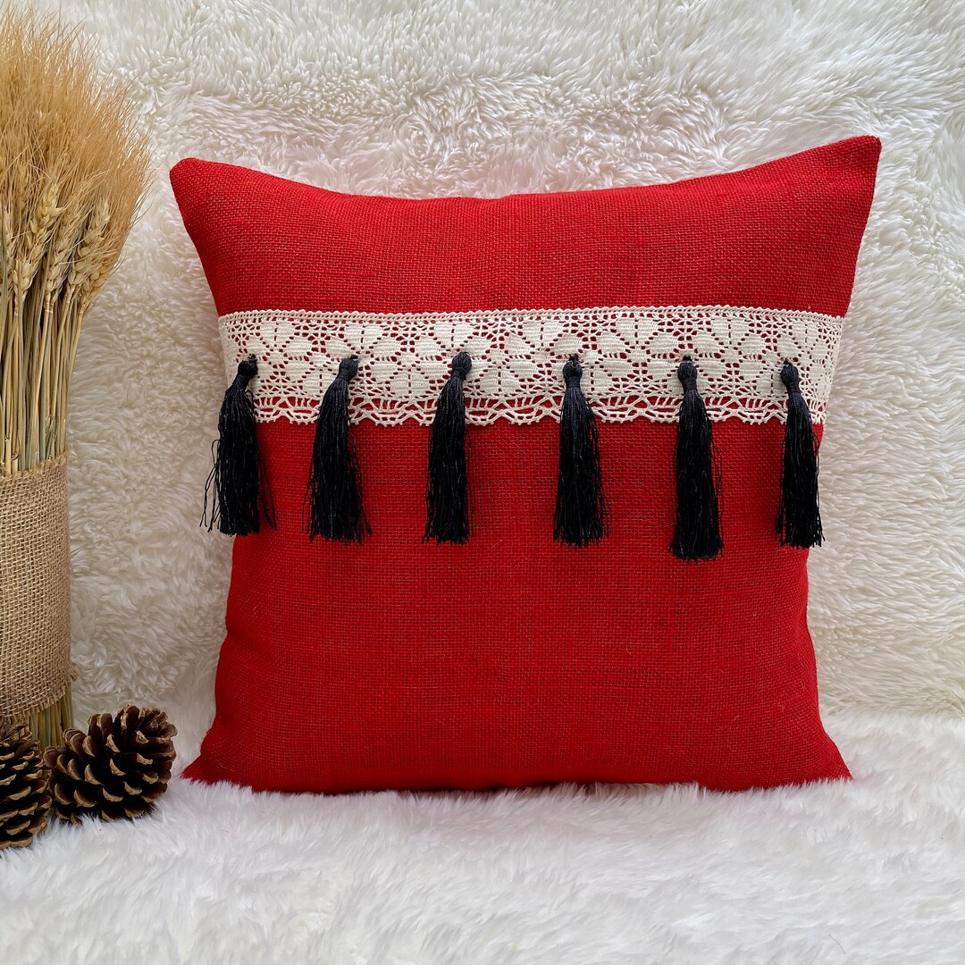 Red Burlap Pillow Cover With White Lace and Black Fringes, 16x16 Red