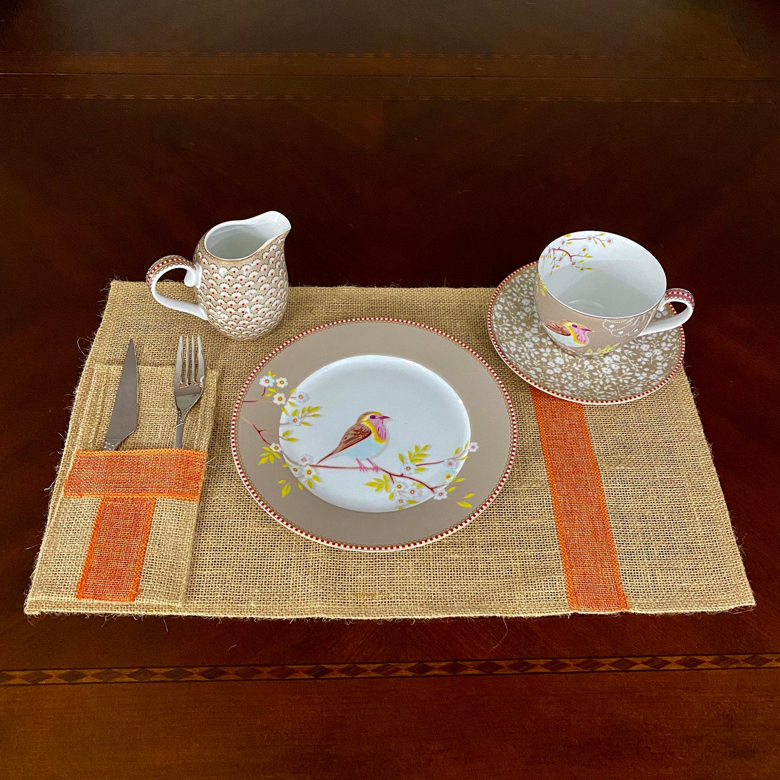 Burlap Placemats Placemat for Dining Table Tableware Bag Pocket 20x12